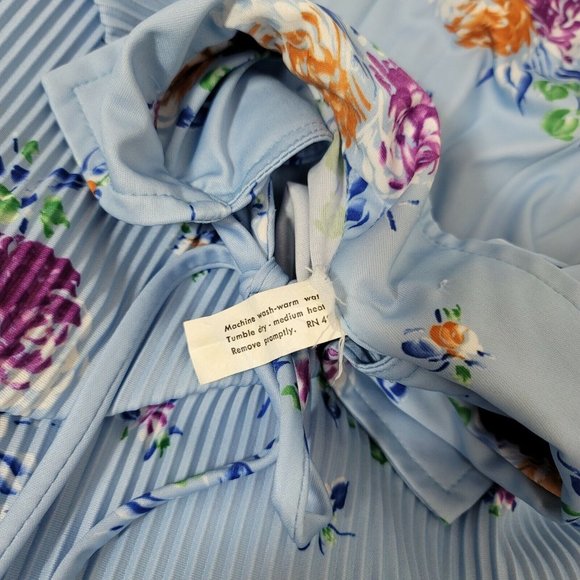 Vintage 70s Blue Floral Sheer Scarf Tie‎ Collar Pleated Secretary Midi Dress - Picture 11 of 12
